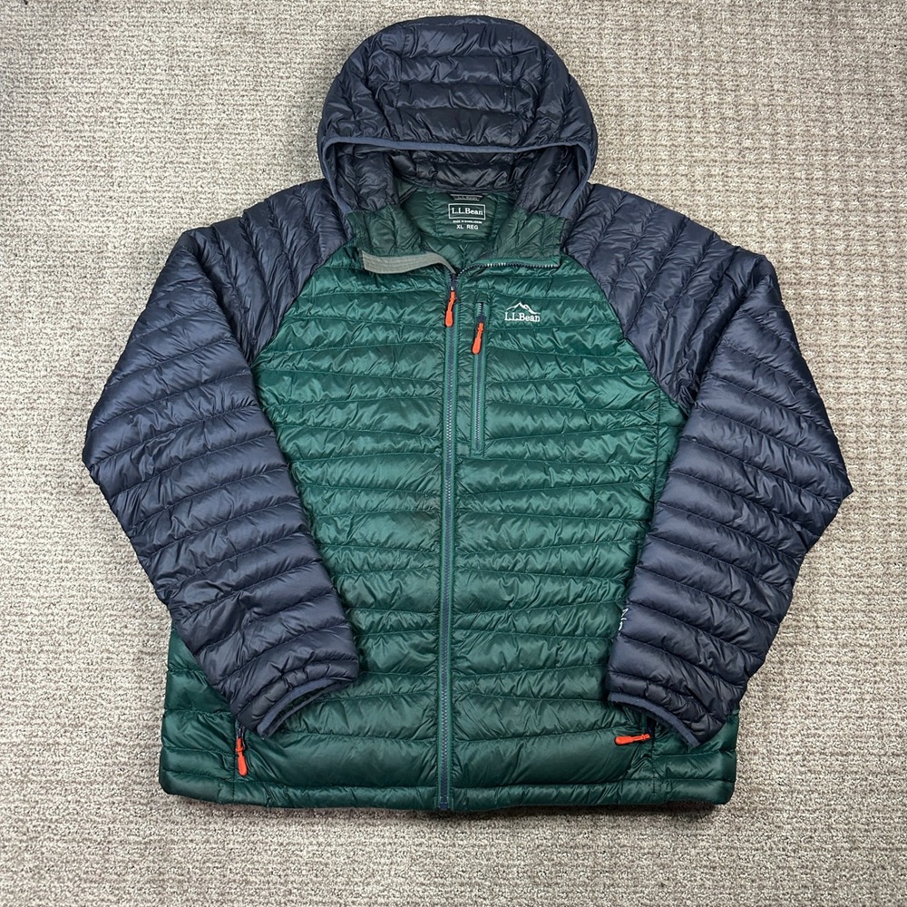 LL Bean Ultralight 850 Down Hooded Jacket XL Green Navy Puffer 507108